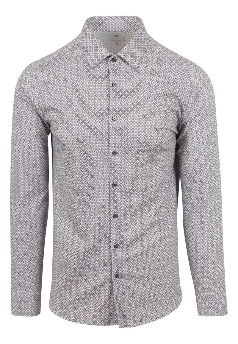 Langearmige shirt met een witte basis en een geometrisch blauw en rood patroon, met een knoopsluiting aan de voorkant, standaard kraag en een gladde stofstructuur.
