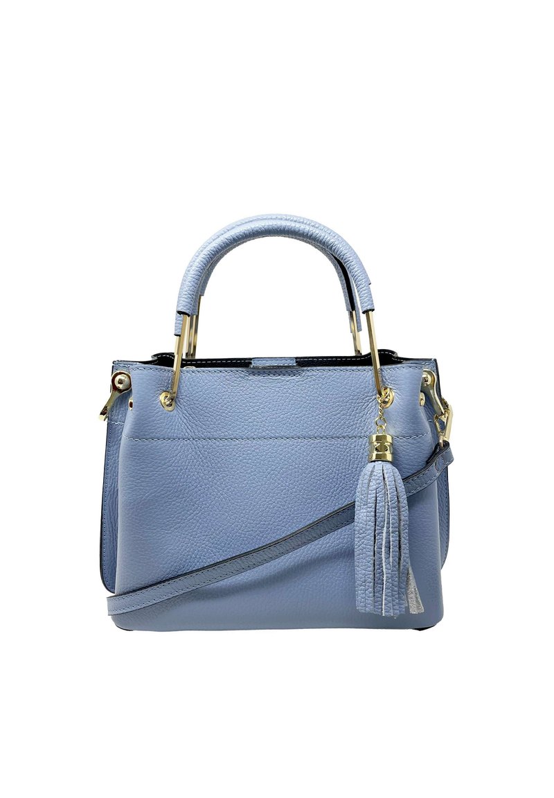 Jasnoniebieska skórzana torebka o teksturowanym wykończeniu, z górnym uchwytem, odpinanym paskiem na ramię i akcentem w postaci frędzla. Złote detale z metalu.