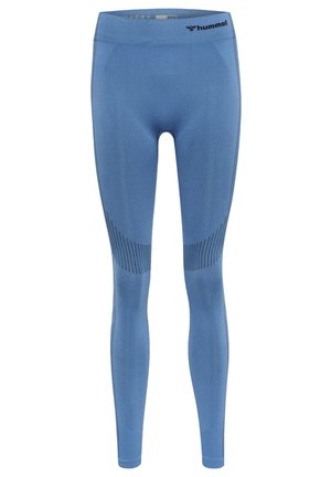 Niebieskie legginsy sportowe z teksturowanej, oddychającej tkaniny, wysokim stanem i subtelnymi akcentami wzoru po bokach.
