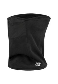 Gaiter nero con pannelli cuciti e un piccolo logo a griglia bianco vicino al bordo inferiore, progettato per il calore e l'uso all'aperto.