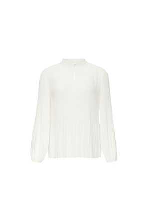 Blouse blanche à manches longues avec une texture verticale côtelée, un col haut à volants, des boutons et des poignets froncés pour un ajustement décontracté.