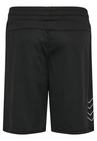 Short de sport noir avec taille élastique et bandes blanches en chevrons sur la jambe droite, vu de dos.