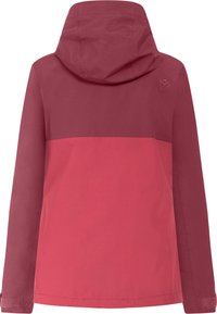 Veste à capuche avec un design bicolore, présentant une partie supérieure rose foncé et une partie inférieure rose plus clair ; fabriquée en tissu lisse et résistant à l'eau.