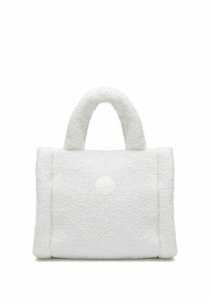 Sac cabas blanc texturé avec deux anses courtes et un logo circulaire, présenté sur un fond blanc uni.