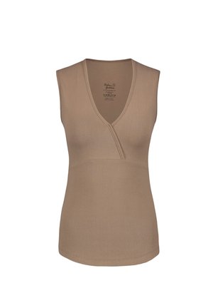 Débardeur beige sans manches avec un décolleté en V, fabriqué en tissu doux. Présente un design plissé au niveau de la poitrine et un ourlet droit.