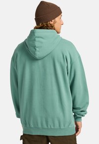 Mint green pullover hoodie with a large hood, ribbed cuffs, and bottom hem. Features a soft texture and relaxed fit. Brown beanie on the head.