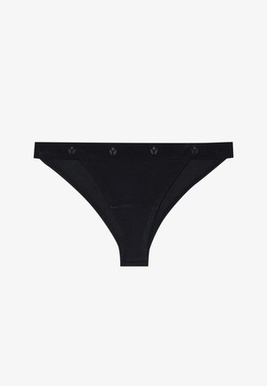 Tanga de algodão preta com um acabamento suave, apresentando uma faixa decorativa com padrões florais subtis ao longo da cintura.