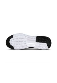 Semelle de chaussure de sport en noir et blanc avec une surface en caoutchouc texturé, des motifs de traction rectangulaires et un talon prononcé pour la stabilité.