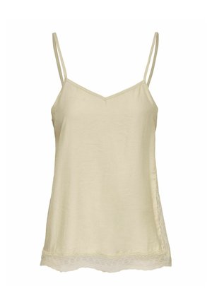 Beige ärmelloses Camisole mit dünnen Trägern und Spitzenbesatz entlang des Saums und der Seitennähte auf weißem Hintergrund.