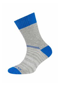 Graue Socke mit blauen Akzenten, die einen gerippten Bund und ein gestreiftes Design aufweist. Das Material scheint weich zu sein mit verstärkter Zehen- und Fersenpartie.