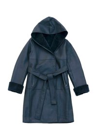 Black leather coat with a hood, featuring a belted waist, faux fur accents on the cuffs, and a smooth texture with minimalist design lines.