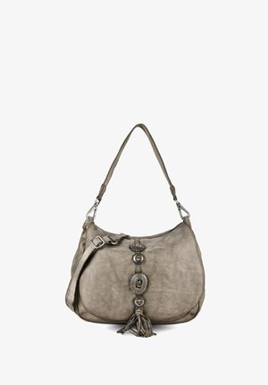 Borsa a tracolla in pelle grigia con dettagli decorativi in metallo e nappine appese davanti su una tracolla larga e regolabile.