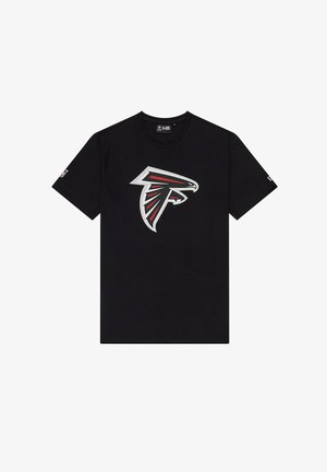 Schwarzes T-Shirt mit einem großen, stilisierten silbernen und roten Logo der Atlanta Falcons auf der Vorderseite. Hergestellt aus weicher Baumwolle mit einem klassischen Rundhalsausschnitt.