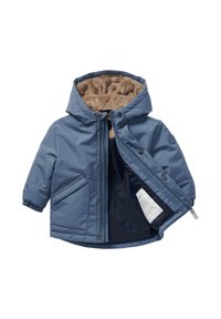 Blauwe kinderwinterjas met capuchon, nep bontvoering, rits- en drukknoopsluitingen, en schuine voorzakken, gedeeltelijk open om het interieur te tonen.
