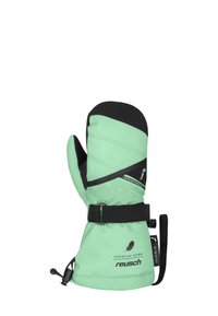 Mint green mittens with a waterproof design, black accents, adjustable wrist strap, and textured fabric for insulation and grip.