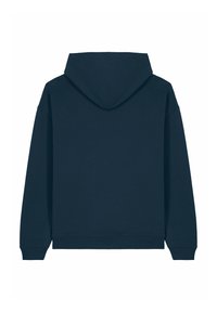 Felpa con cappuccio blu navy, maniche lunghe, polsini e orlo a coste. Tessuto morbido con una cucitura centrale sul retro e senza loghi o decorazioni visibili.