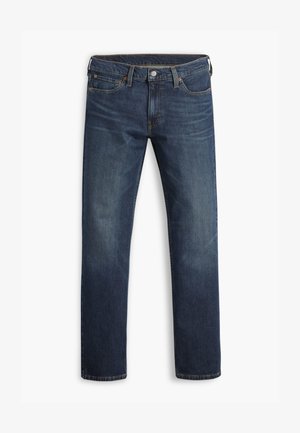 Férfi sötétkék egyenes szárú farmer, öt zsebbel és gombos záródással, fehér háttéren laposan bemutatva.