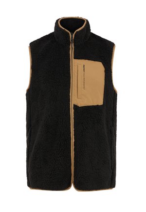 Zwarte fleece vest met hoge kraag, volledige ritssluiting en contrasterende tan zak. Het heeft een zachte, textuurstof voor warmte.