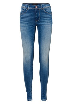 Jeans skinny in denim di un lavaggio blu medio. Caratterizzati da un design a cinque tasche, chiusura con bottone anteriore e lieve scolorimento lungo le cosce e le ginocchia.