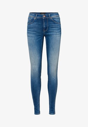 Jean skinny en denim dans un lavage bleu moyen. Dispose d'un design à cinq poches, d'une fermeture à bouton à l'avant et d'un léger délavage au niveau des cuisses et des genoux.