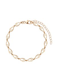 Bransoletka w kolorze złotym z wydłużonymi ogniwami w kształcie pętli, z zapięciem typu lobster oraz regulowanym łańcuszkiem z dodatkowym ogniwem umożliwiającym dostosowanie rozmiaru.