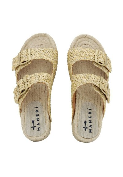 Pantofole in paglia intrecciata gialle con due cinturini regolabili e una soletta testurizzata. Logo del marchio stampato sulla soletta interna.