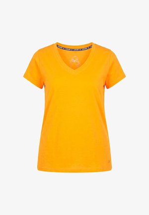 T-shirt à manches courtes orange vif avec col en V et petit logo près de l'ourlet inférieur sur fond blanc.