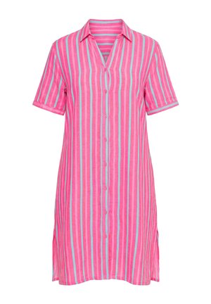 Abito a maniche corte con bottoni, a righe verticali rosa e azzurro chiaro, con colletto e spacchi laterali nell'orlo.