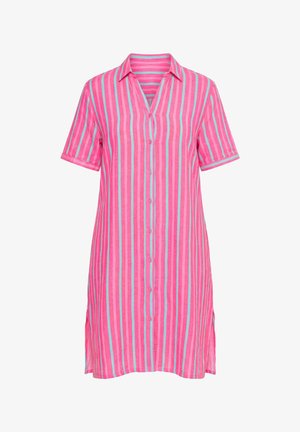 Short-sleeve, button-down dress with vertical pink and light blue stripes and a collar, featuring side slits at the hem.
