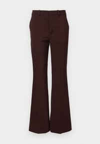 Braune, ausgestellte Hosen aus einem glatten Stoff, mit einer taillierten Taille, Gürtelschlaufen und einer klaren Vorderseite ohne Taschen.