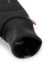 Schwarze Handschuhe mit einer glatten Außenschicht und einem gestrickten Innenfutter. Besitzen einen strukturierten Bund und ein kleines Markenetikett.