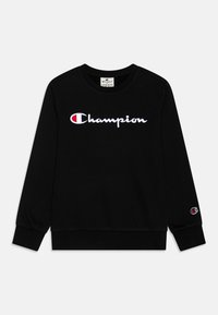 Black sweatshirt with long sleeves, featuring a white embroidered "Champion" logo across the chest and a small logo on the right sleeve.