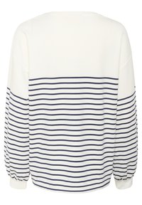 Long-sleeve sweatshirt made from soft fabric, featuring a cream top half and navy horizontal stripes on the bottom. Includes puffed sleeves.
