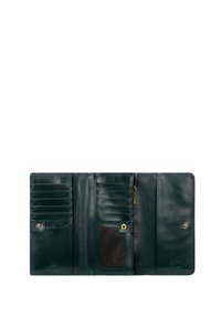 Dunkelgrünes Lederwallet, aufgeklappt, mit mehreren Kartenfächern, einem Reißverschlussfach, einem klaren ID-Fenster und einem Druckknopfverschluss. Glatte Textur.