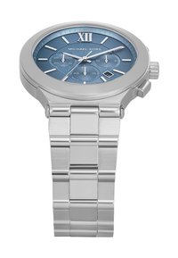 Orologio in acciaio inossidabile Michael Kors con quadrante blu, indicatori delle ore argentati, funzionalità cronografo e design del bracciale a maglie metalliche.