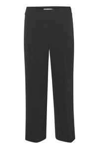 Svarta korta byxor med en bred midja, gjorda av ett mjukt tyg. Rakt ben-design utan synliga knäppningar eller fickor.