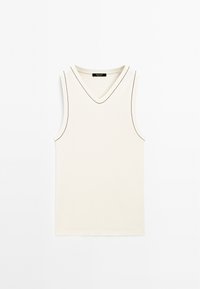 V-ringad ärmlös linne i off-white, med kontrasterande svart sömnad längs halsringningen och ärmhålen, mjuk tygtextur.