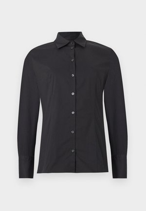 Zwart overhemd met lange mouwen en knopen, voorzien van een klassieke kraag, smalle pasvorm en naaddetails, afgebeeld tegen een lichtgrijze achtergrond.
