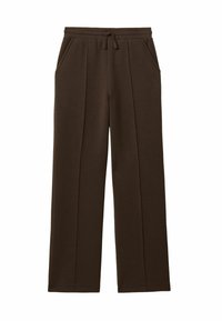 Bruine broek met wijde benen van zachte stof, voorzien van een elastische tailleband en twee zijzakken met een gladde textuur.