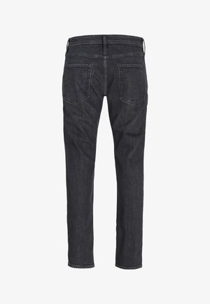 Mørkegrå jeans med lige ben, vist bagfra med to baglommer og bæltestropper på linningen.