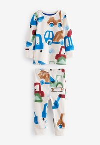 Kinder-Set aus langärmeligem Oberteil und Hose mit bunten Aufdrucken von Baustellenfahrzeugen wie Traktoren, Muldenkippern und Baggern auf cremefarbenem Hintergrund.