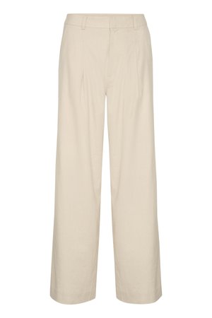 Pantalons larges beige en mélange de lin, avec une taille haute, des plis et une texture lisse. Aucun matériel ou motif visible.