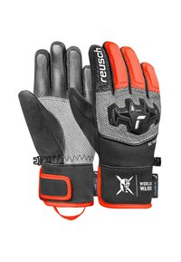 Black and gray gloves with red accents, featuring a textured palm, adjustable cuff, and reinforced finger areas for grip and durability.