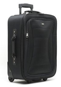 Black wheeled suitcase with a textured surface, extendable handle, zip closures, and side carry handle. Features a sleek, rectangular shape.