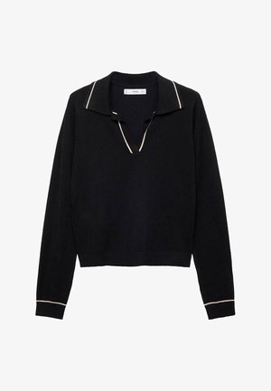 Pulover negru tricotat cu guler, având un decolteu în V și un piping bej în contrast pe guler și manșete. Design scurt.