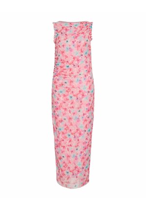 Roosa lillemustriga varrukateta midi kleit, millel on õlgadel volangid ja pehme, sirge siluett.