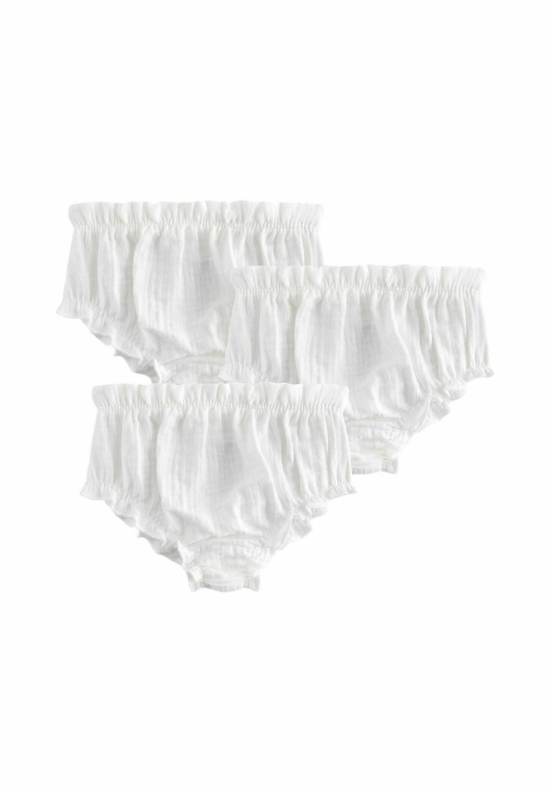 Bijeli pamučni dječji gaćice, naborani pojas, teksturirana tkanina, tri različite veličine, mekane, lagane, s naboranim rubovima.