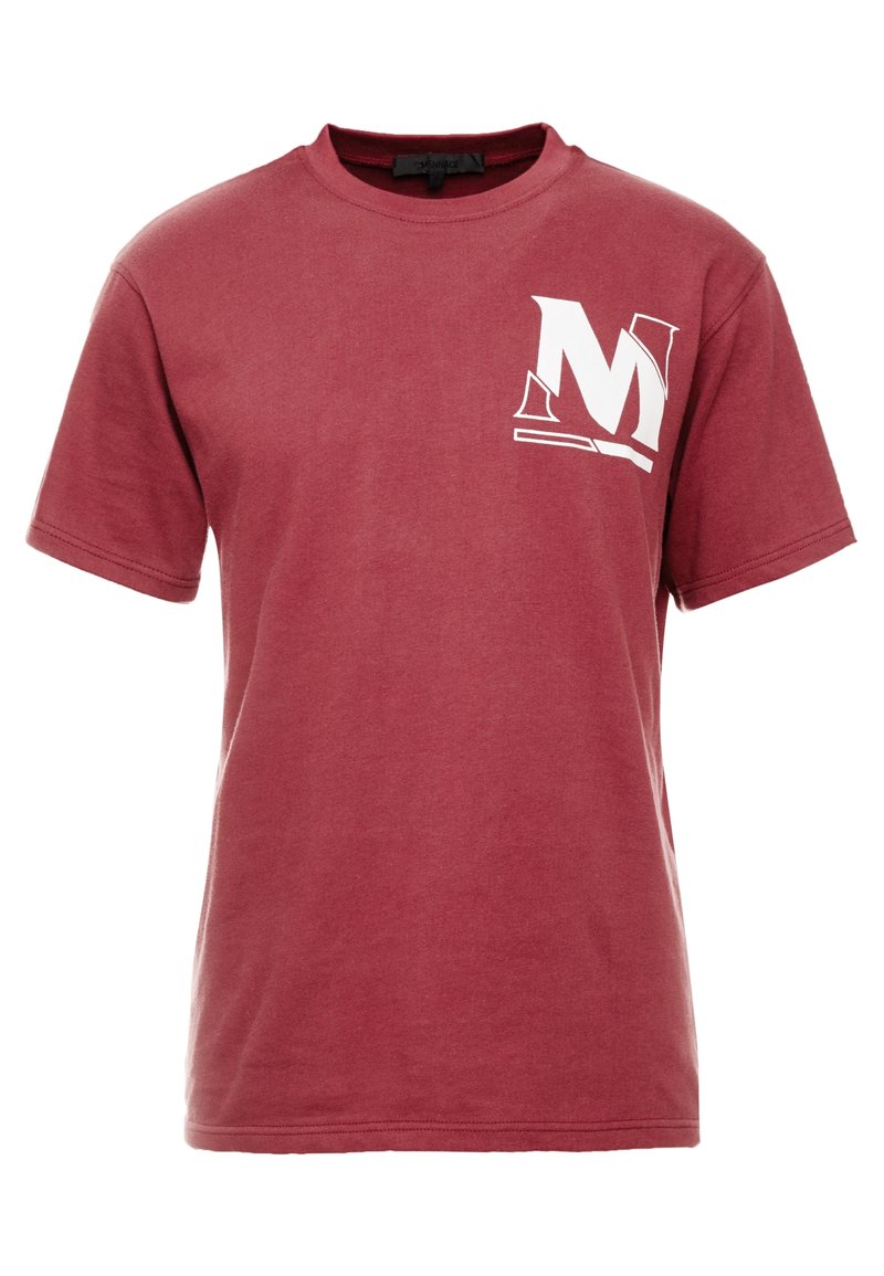Mørkerød bomulds t-shirt med korte ærmer, rund hals og et hvidt grafisk bogstav "M" på venstre bryst. Blød tekstur, almindelig pasform.