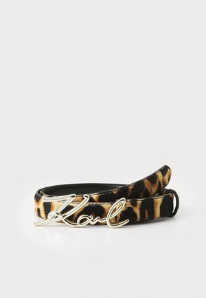 Leopardprint riem van zacht materiaal met een glanzende zwarte band en een gouden metalen "Karl" handtekeninggesp.