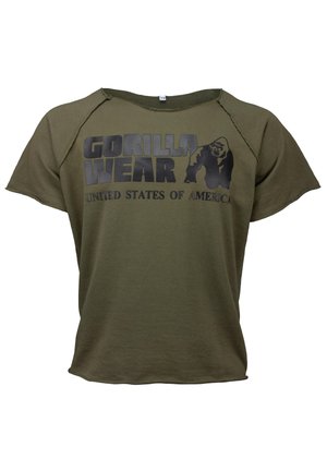 Olive green T-shirt made of cotton, featuring a round neckline and short sleeves. Black graphic text and gorilla logo on the front.